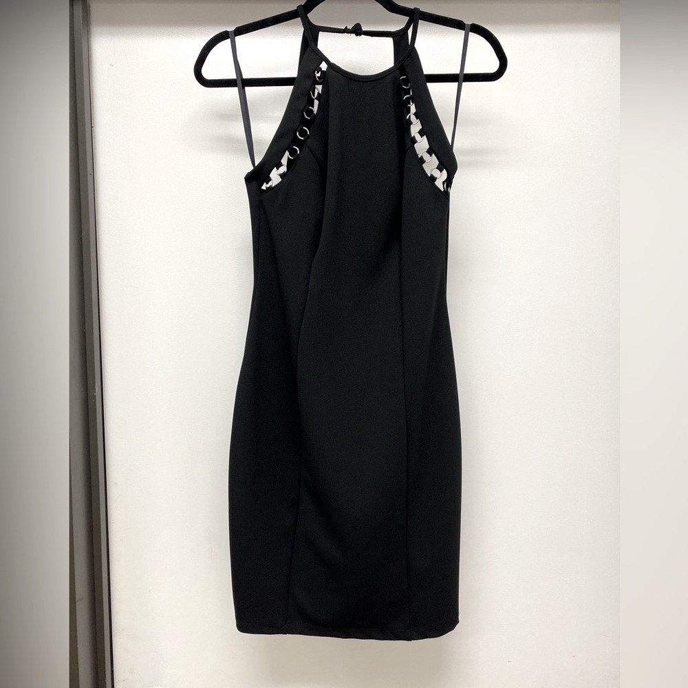 Black cocktail dress just above knee